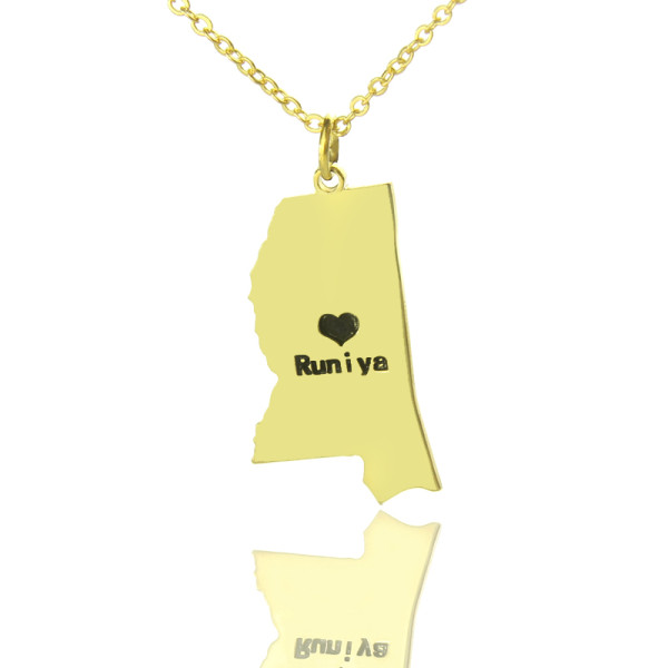 Mississippi State Shaped Necklaces With Heart Name Gold Plated - Custom Jewellery By All Uniqueness