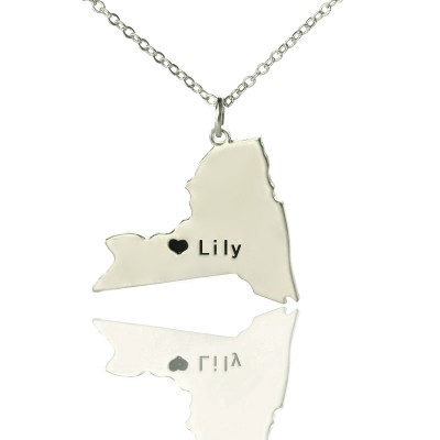 NY State Shaped Necklaces With Heart Name Silver - Custom Jewellery By All Uniqueness
