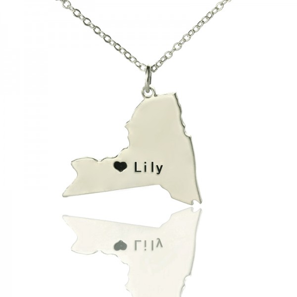 NY State Shaped Necklaces With Heart Name Silver - Custom Jewellery By All Uniqueness