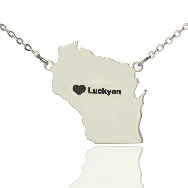 Custom Wisconsin State Shaped Necklaces With Heart Name Silver - Custom Jewellery By All Uniqueness