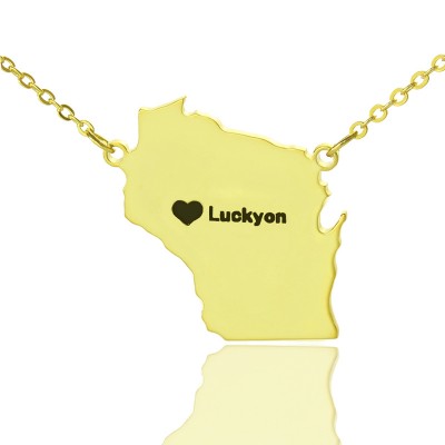 Custom Wisconsin State Shaped Necklaces With Heart Name Gold Plated - Custom Jewellery By All Uniqueness