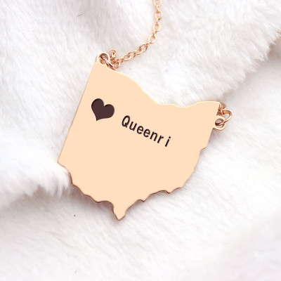 Custom Ohio State USA Map Necklace With Heart Name Rose Gold - Custom Jewellery By All Uniqueness