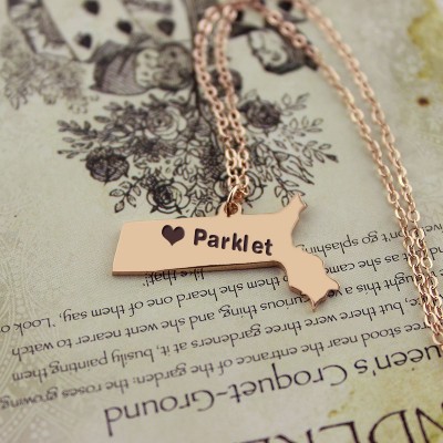 Massachusetts State Shaped Necklaces With Heart Name Rose Gold - Custom Jewellery By All Uniqueness