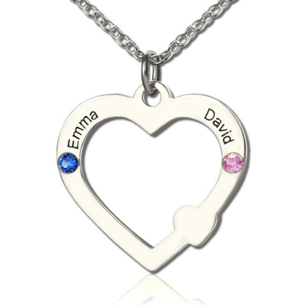 Double Name Open Heart Necklace with Birthstone Silver - Custom Jewellery By All Uniqueness