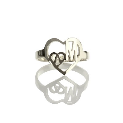 Heart in Heart Double Initials Ring Silver - Custom Jewellery By All Uniqueness
