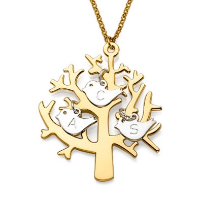 Gold Plated Tree Necklace with 0.925 Silver Initial Birds - Custom Jewellery By All Uniqueness