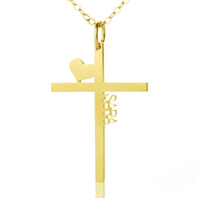 Gold Plated Silver Cross Name Necklace with Heart - Custom Jewellery By All Uniqueness