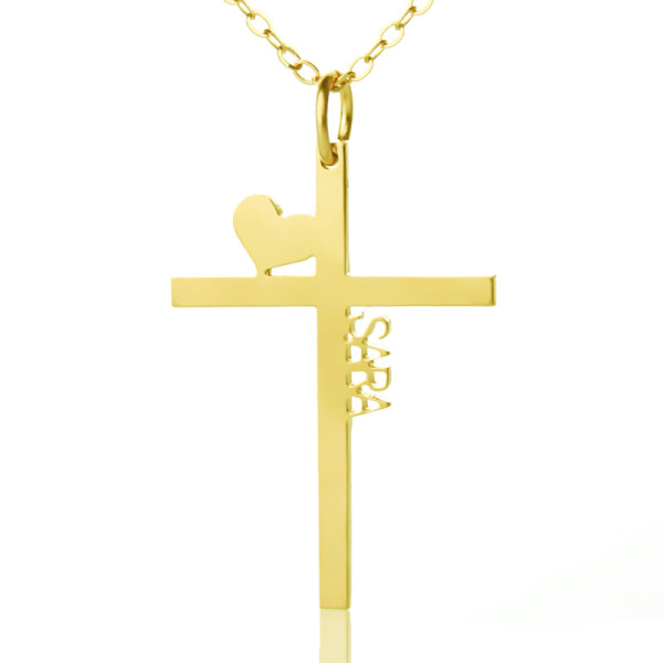 Gold Plated Silver Cross Name Necklace with Heart - Custom Jewellery By All Uniqueness