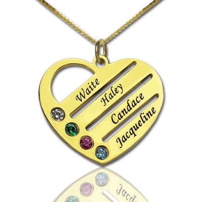 Gold Plated Mothers Birthstone Heart Necklace Engraved Names - Custom Jewellery By All Uniqueness