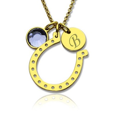 Birthstone Horseshoe Lucky Necklace with Initial Charm Gold Plate - Custom Jewellery By All Uniqueness