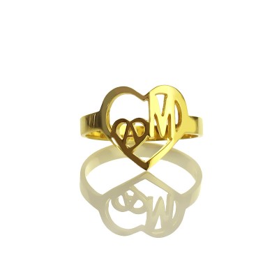 Heart in Heart Double Initial Ring Gold Plated - Custom Jewellery By All Uniqueness