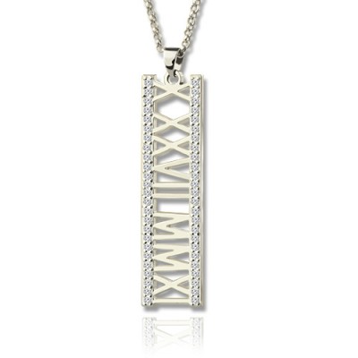 Roman Numeral Vertical Necklace With Birthstones Silver - Custom Jewellery By All Uniqueness