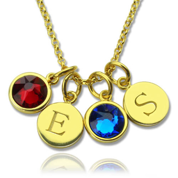 Custom Double Discs Initial Necklace with Birthstones In Gold - Custom Jewellery By All Uniqueness