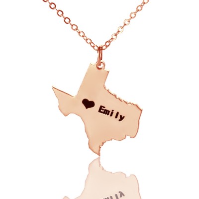 Texas State USA Map Necklace With Heart Name Rose Gold - Custom Jewellery By All Uniqueness