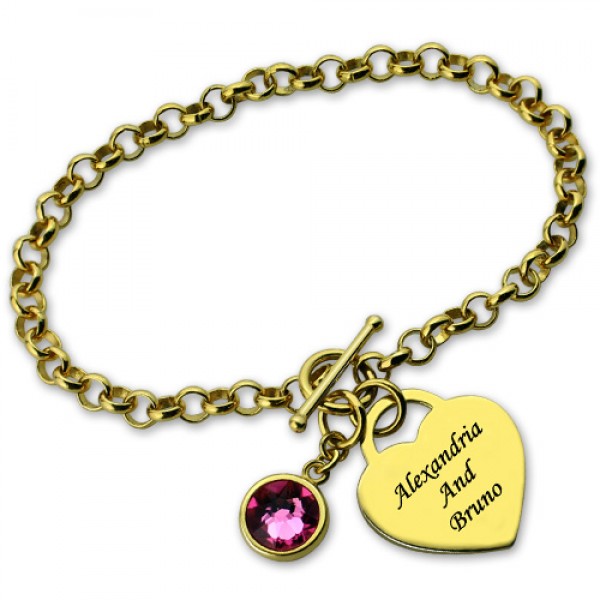 Engravable Birthstone Bracelet with Heart Name Charm Gold Plate - Custom Jewellery By All Uniqueness