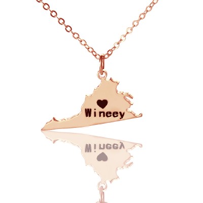 Virginia State USA Map Necklace With Heart Name Rose Gold - Custom Jewellery By All Uniqueness