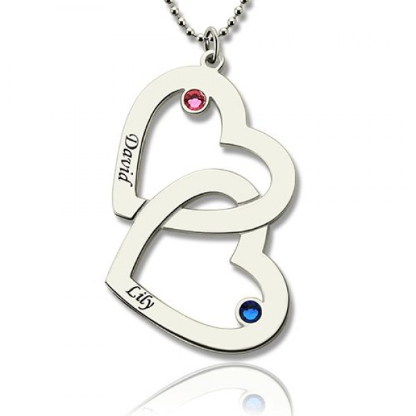 Double Heart Necklace with Name Birthstones Silver - Custom Jewellery By All Uniqueness
