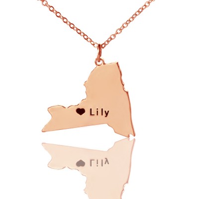 NY State Shaped Necklaces With Heart Name Rose Gold - Custom Jewellery By All Uniqueness