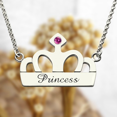 Crown Charm Neckalce with Birthstone Name Silver - Custom Jewellery By All Uniqueness