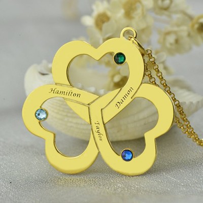 Birthstone Triple Heart Necklace Engraved Name in Gold Plated - Custom Jewellery By All Uniqueness