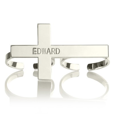 Custom Two finger Cross Ring Engraved Name Silver - Custom Jewellery By All Uniqueness
