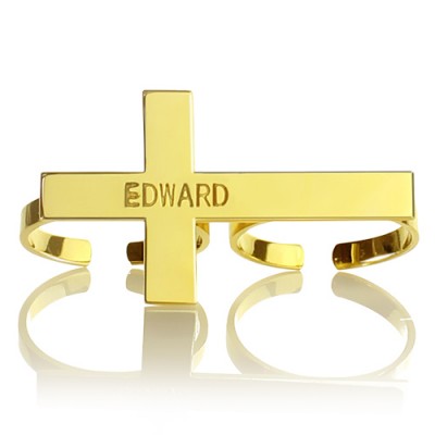 Engraved Name Two finger Cross Ring Gold Plated - Custom Jewellery By All Uniqueness