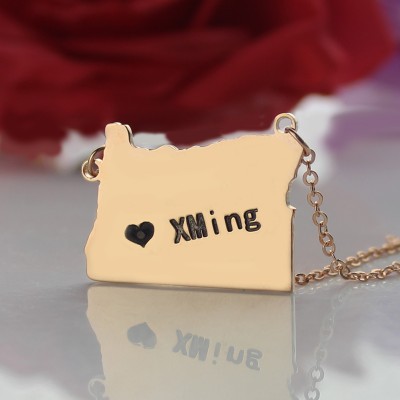 Custom Oregon State USA Map Necklace With Heart Name Rose Gold - Custom Jewellery By All Uniqueness