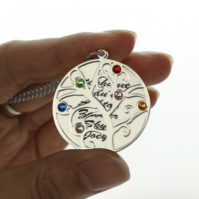 Family Tree Pendant Necklace With Birthstone Silver - Custom Jewellery By All Uniqueness