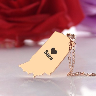 Custom Indiana State Shaped Necklaces With Heart Name Rose Gold - Custom Jewellery By All Uniqueness