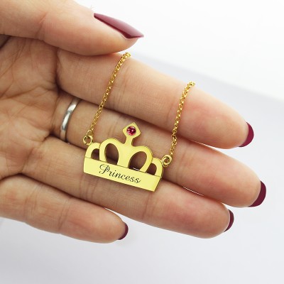 Princess Crown Charm Necklace with Birthstone Name Gold Plated - Custom Jewellery By All Uniqueness