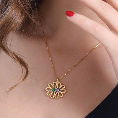 Double Flower Pendant with Birthstone Gold Plated Silver - Custom Jewellery By All Uniqueness