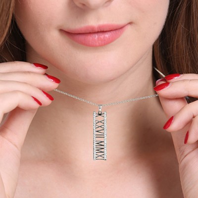 Roman Numeral Vertical Necklace With Birthstones Silver - Custom Jewellery By All Uniqueness