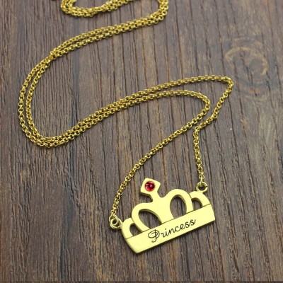Princess Crown Charm Necklace with Birthstone Name Gold Plated - Custom Jewellery By All Uniqueness
