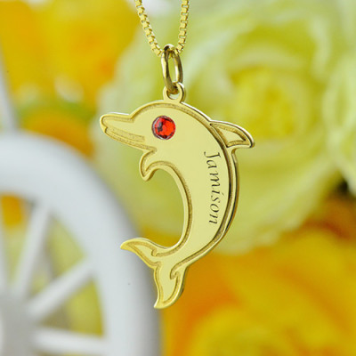 Dolphin Pendant Necklace with Birthstone Name Gold Plated - Custom Jewellery By All Uniqueness