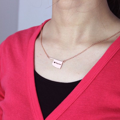America Oklahoma State USA Map Necklace With Heart Name Rose Gold - Custom Jewellery By All Uniqueness