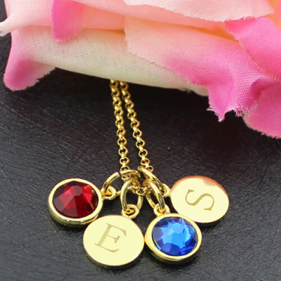Custom Double Discs Initial Necklace with Birthstones In Gold - Custom Jewellery By All Uniqueness