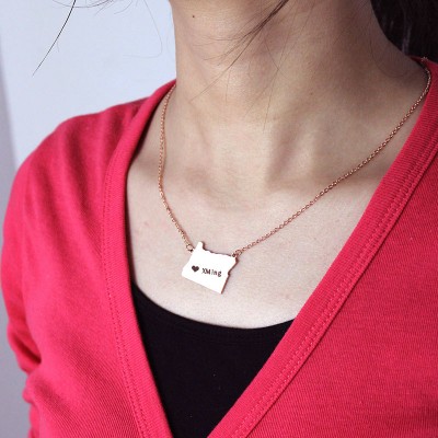Custom Oregon State USA Map Necklace With Heart Name Rose Gold - Custom Jewellery By All Uniqueness