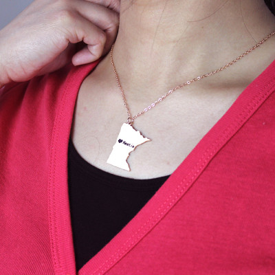 Custom Minnesota State Shaped Necklaces With Heart Name Rose Gold - Custom Jewellery By All Uniqueness