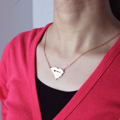 South Carolina State Shaped Necklaces With Heart Name Rose Gold - Custom Jewellery By All Uniqueness