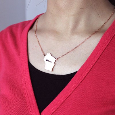 Custom Wisconsin State Shaped Necklaces With Heart Name Rose Gold - Custom Jewellery By All Uniqueness