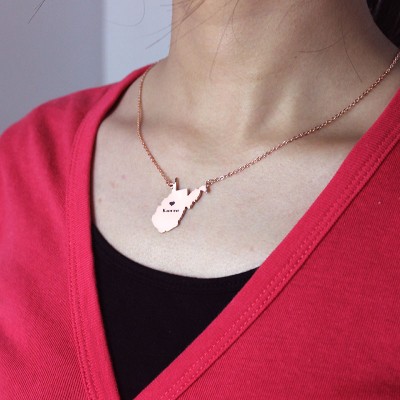 West Virginia State Shaped Necklaces With Heart Name Rose Gold - Custom Jewellery By All Uniqueness