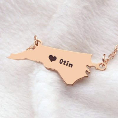 NC State USA Map Necklace With Heart Name Rose Gold - Custom Jewellery By All Uniqueness