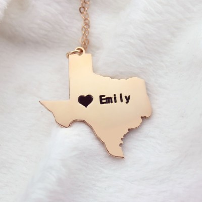 Texas State USA Map Necklace With Heart Name Rose Gold - Custom Jewellery By All Uniqueness