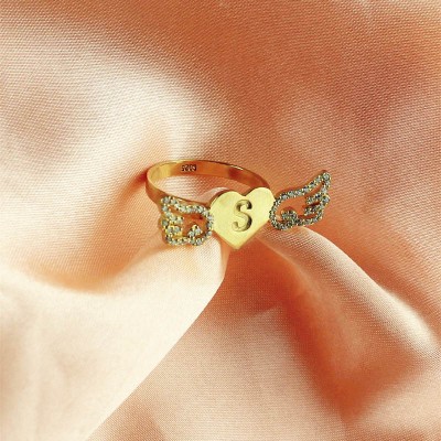 Angel Wings Heart Ring with Birthstone Initial Gold Plated - Custom Jewellery By All Uniqueness