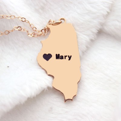 Custom Illinois State Shaped Necklaces With Heart Name Rose Gold - Custom Jewellery By All Uniqueness