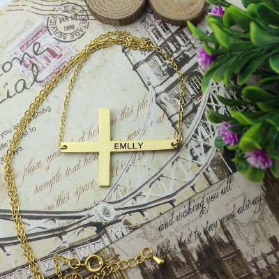 Gold Plated Silver Latin Cross Necklace Engraved Name 1.6" - Custom Jewellery By All Uniqueness