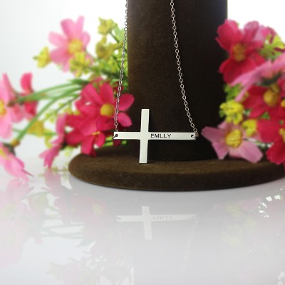 Silver Latin Cross Necklace Engraved Name 1.25" - Custom Jewellery By All Uniqueness