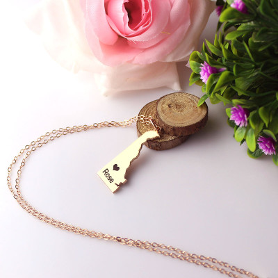 Custom Delaware State Shaped Necklaces With Heart Name Rose Gold - Custom Jewellery By All Uniqueness