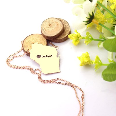 Custom Wisconsin State Shaped Necklaces With Heart Name Rose Gold - Custom Jewellery By All Uniqueness