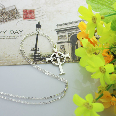 Circle Cross Necklaces with Birthstone Name Silver - Custom Jewellery By All Uniqueness